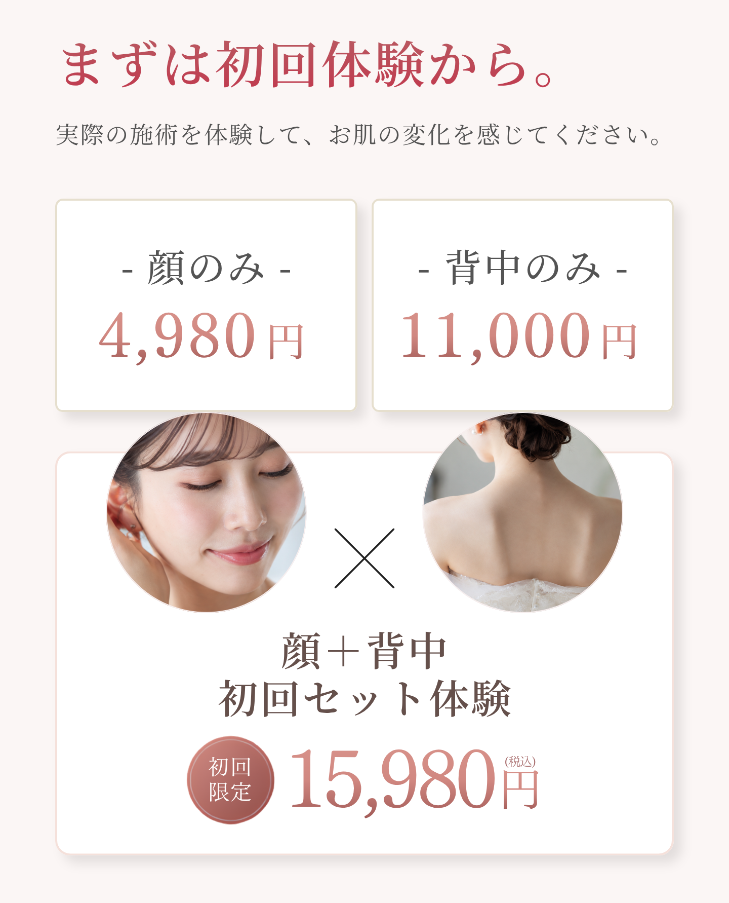 顔のみ、背中のみ、顔と背中セットの初回体験料金